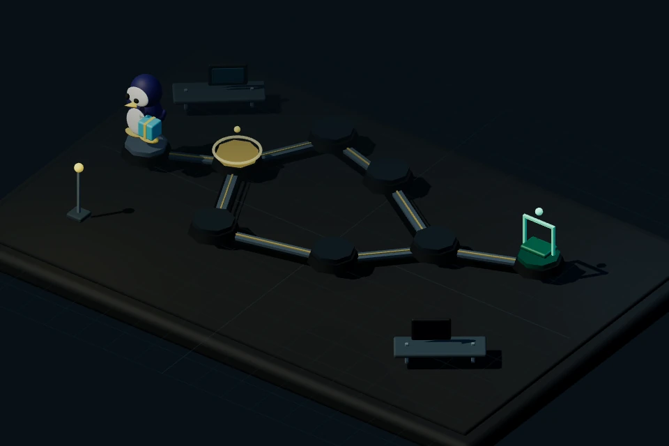 PenguinDev mascot carrying a parcel across a miniature workbench route toward deployment.