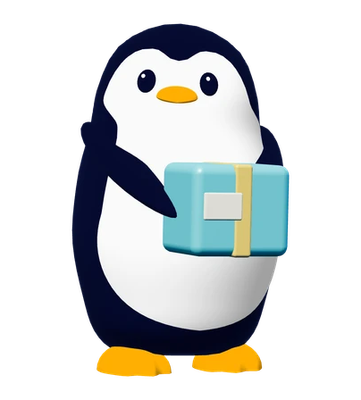 The Pathmaker penguin looking at you while carrying a cyan parcel.