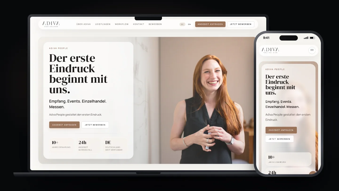 Adivapeople German homepage with premium staffing positioning and inquiry actions