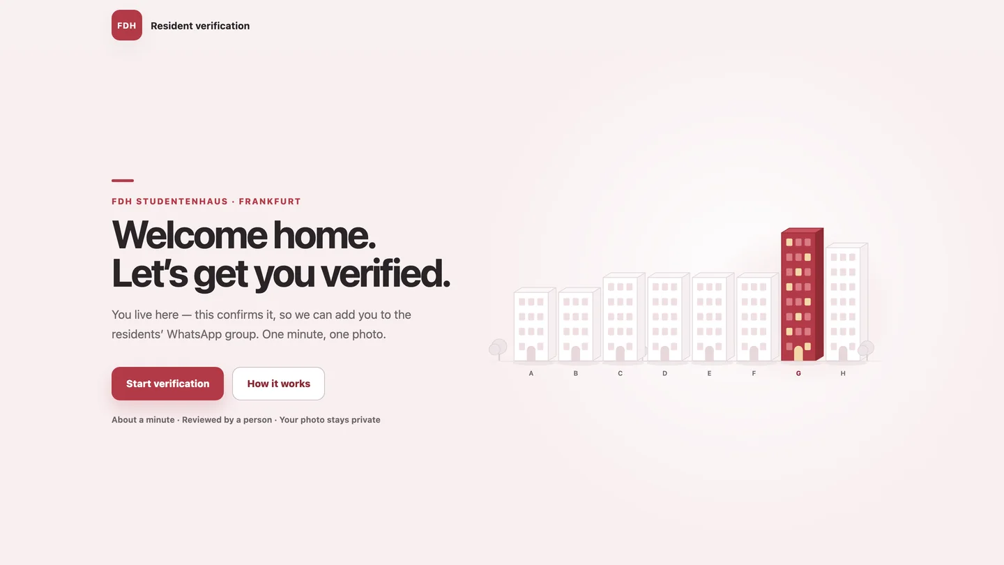 FDH Guard public homepage with the headline Welcome home. Let's get you verified. and a schematic of the residence campus