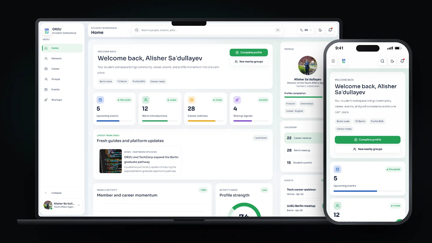 Orzu student workspace shown on desktop and mobile