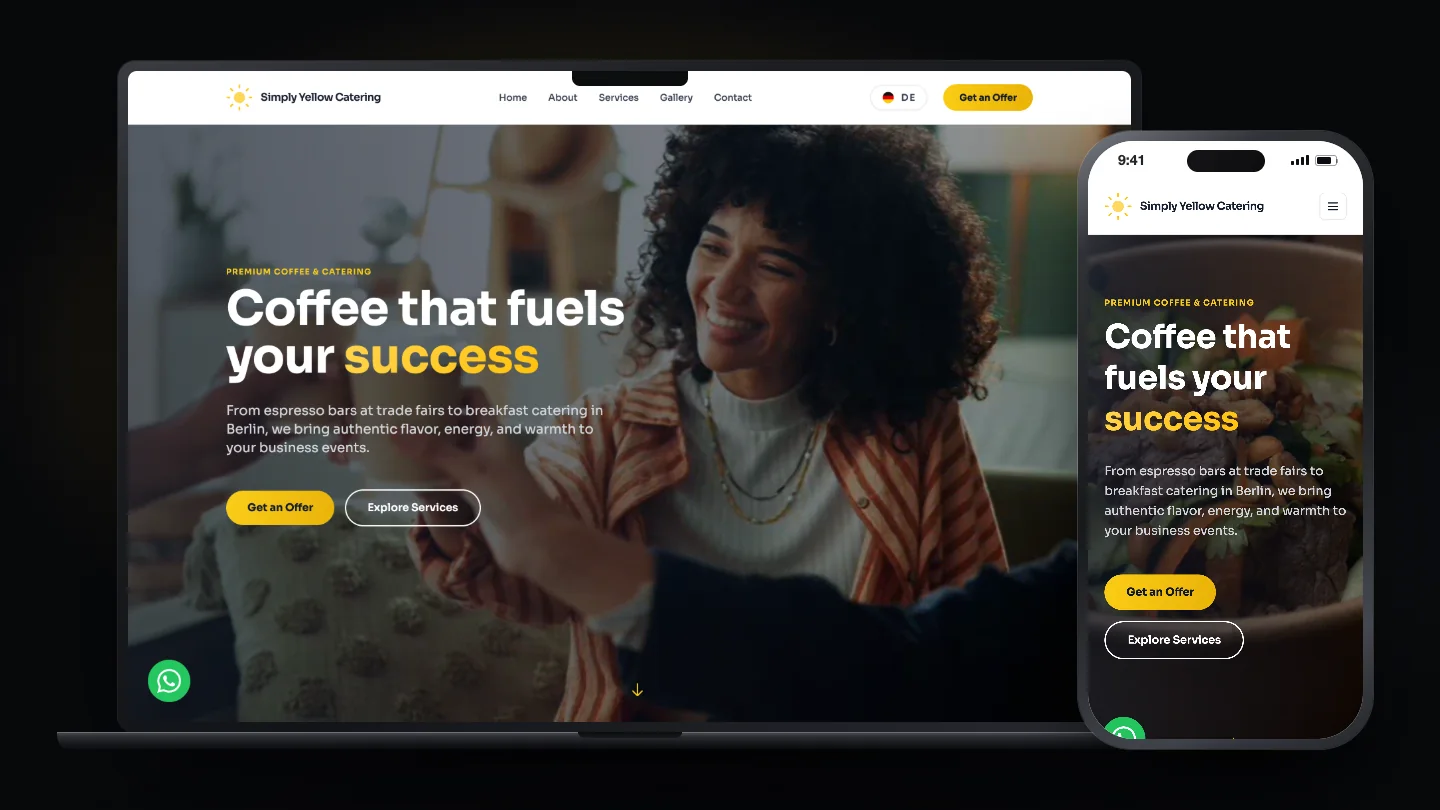 Simply Yellow Catering homepage with coffee and catering positioning