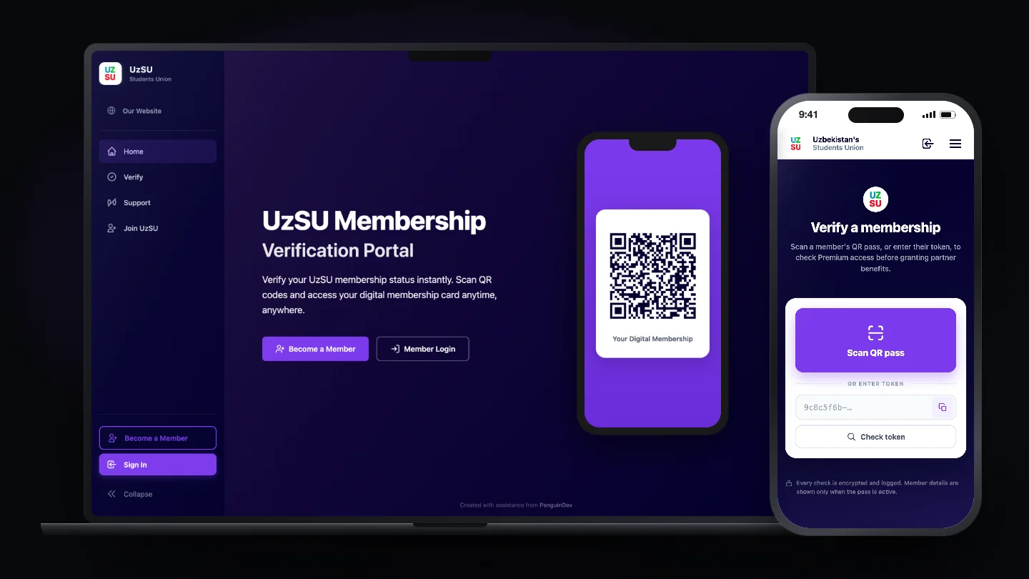 UzSU membership verification portal presented on desktop and mobile