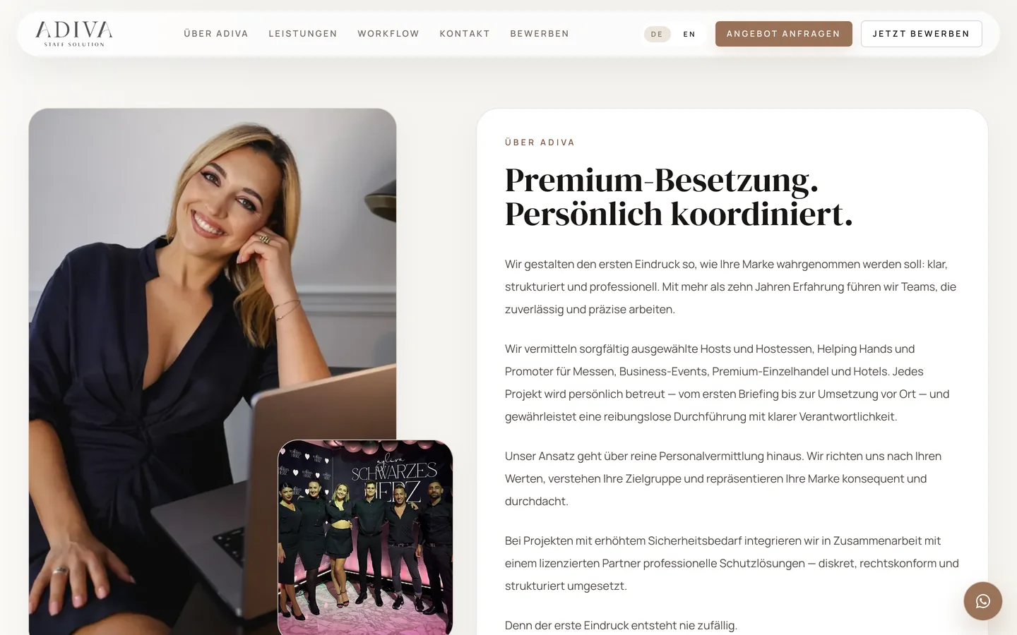 The Adiva about section headed Premium-Besetzung, Persoenlich koordiniert, beside a portrait