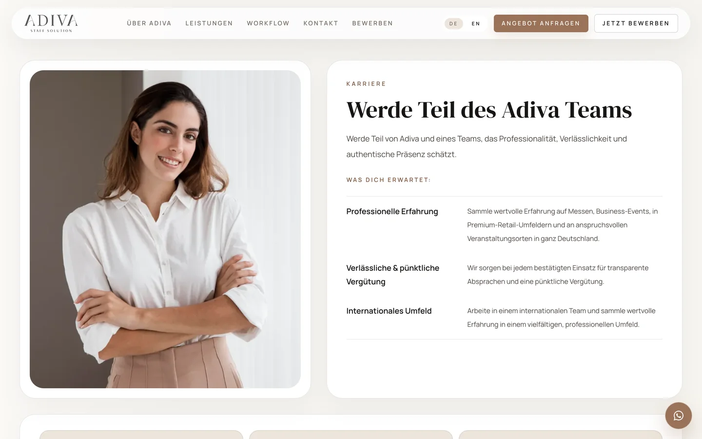 The Adiva careers section headed Werde Teil des Adiva Teams with what applicants can expect