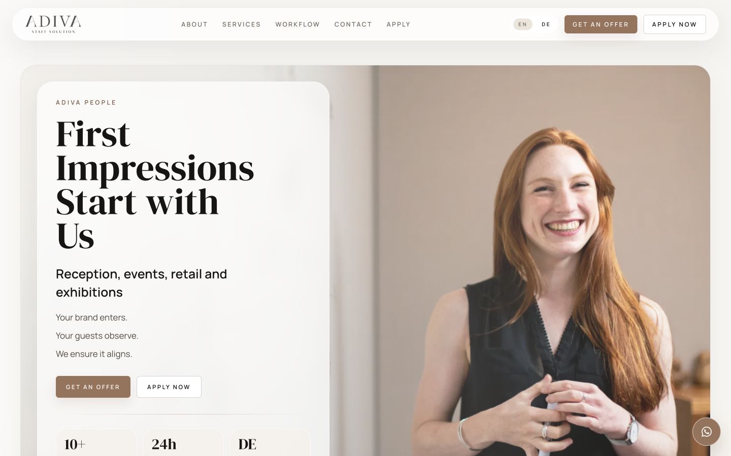 Adivapeople English homepage with premium staffing positioning and inquiry actions