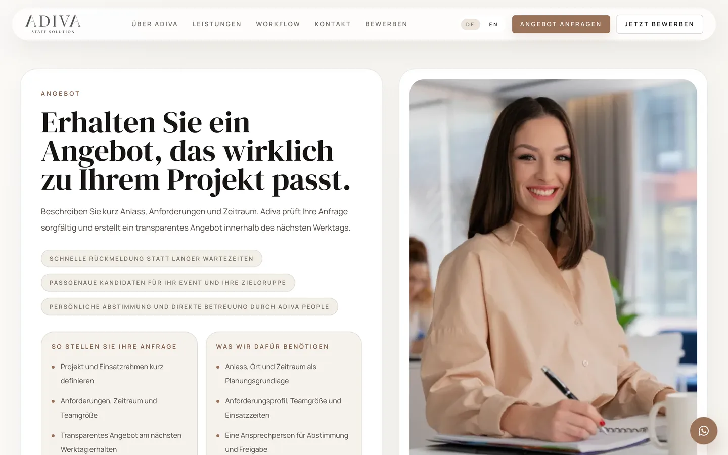The Adiva offer request page listing what a client sends and what Adiva returns