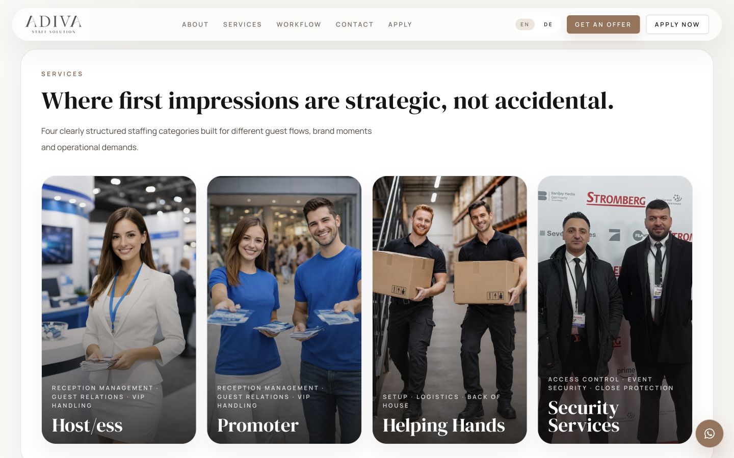 Adivapeople staffing service categories for hosts, promoters, helping hands, and security