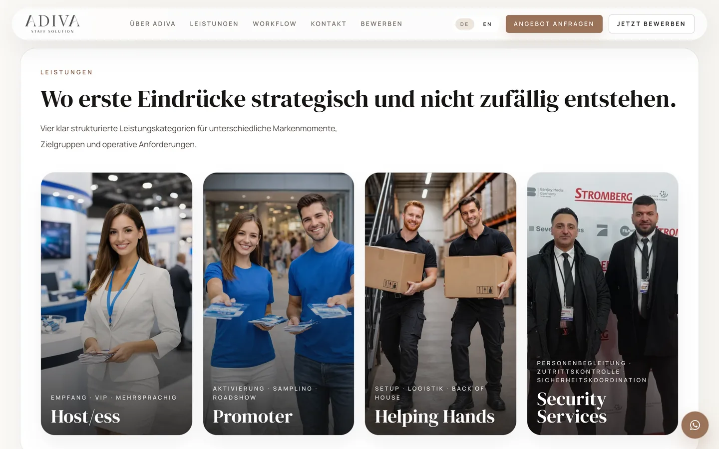 The Adiva services section showing four staffing categories side by side