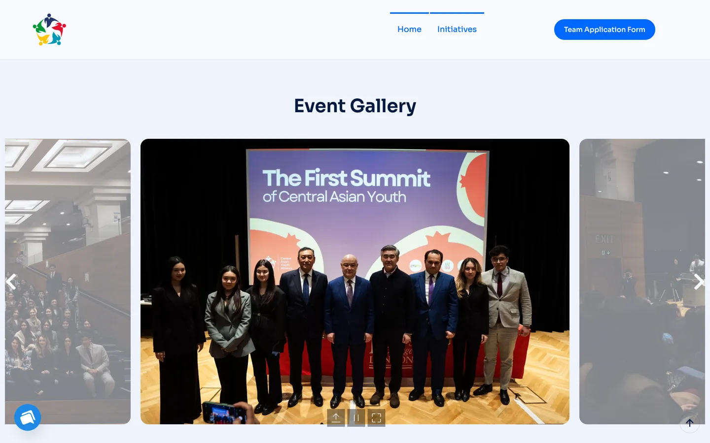The CAYA event gallery carousel showing a photograph from the First Summit of Central Asian Youth