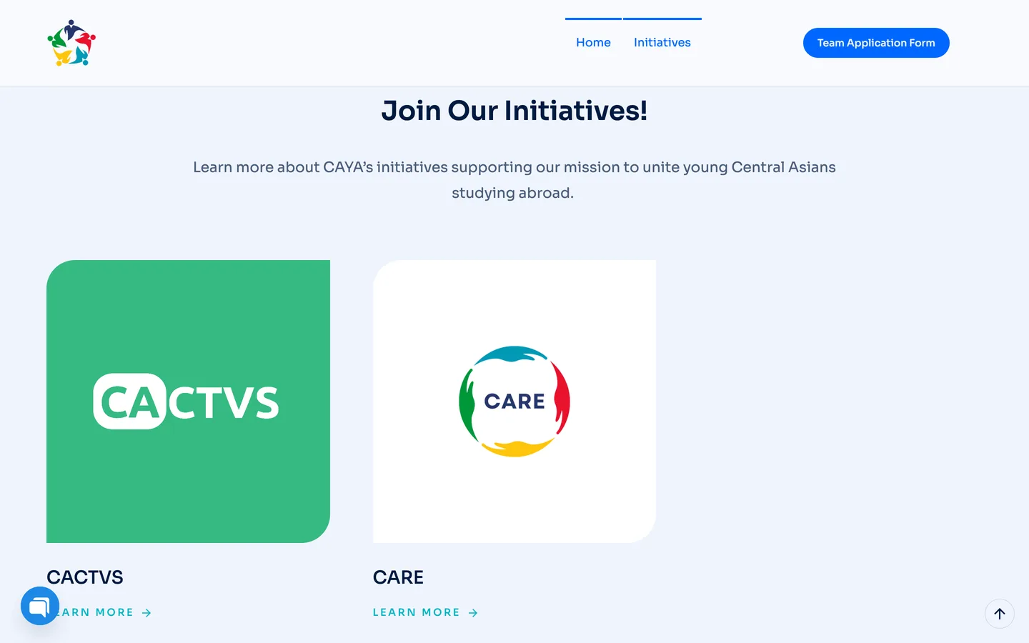 The CAYA initiatives section showing initiative cards