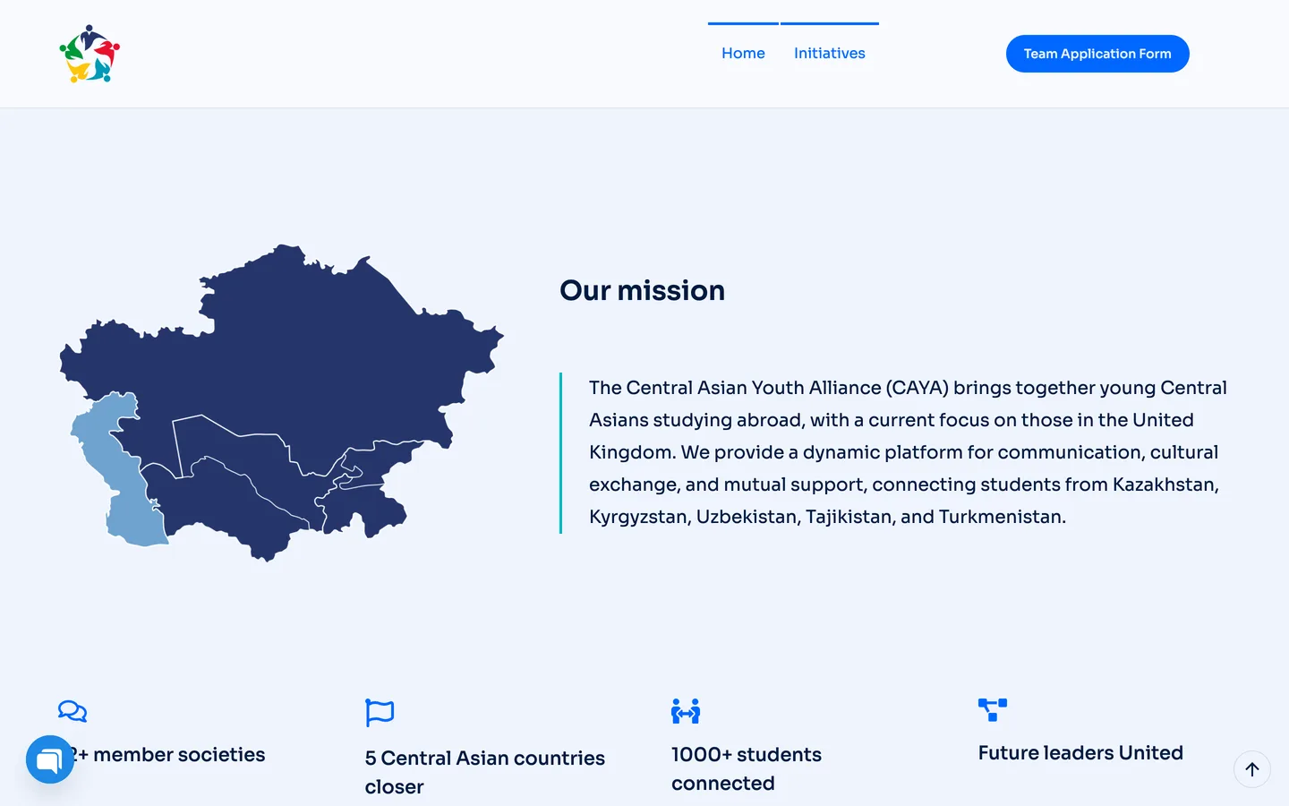 The CAYA mission section beside a map of Central Asia