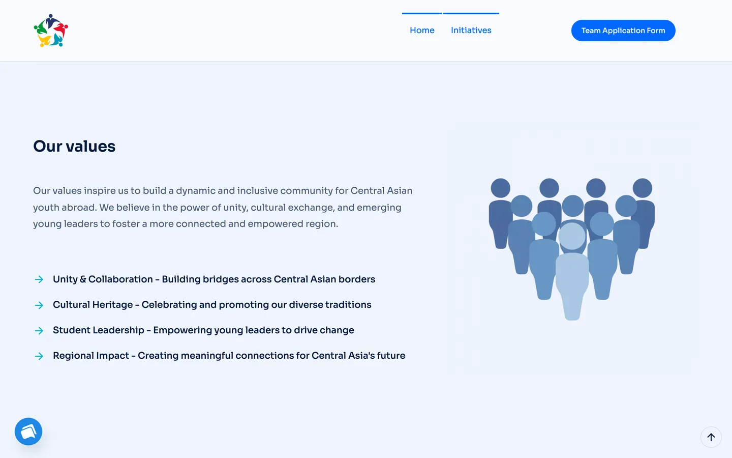 The CAYA values section listing four stated values beside a community illustration