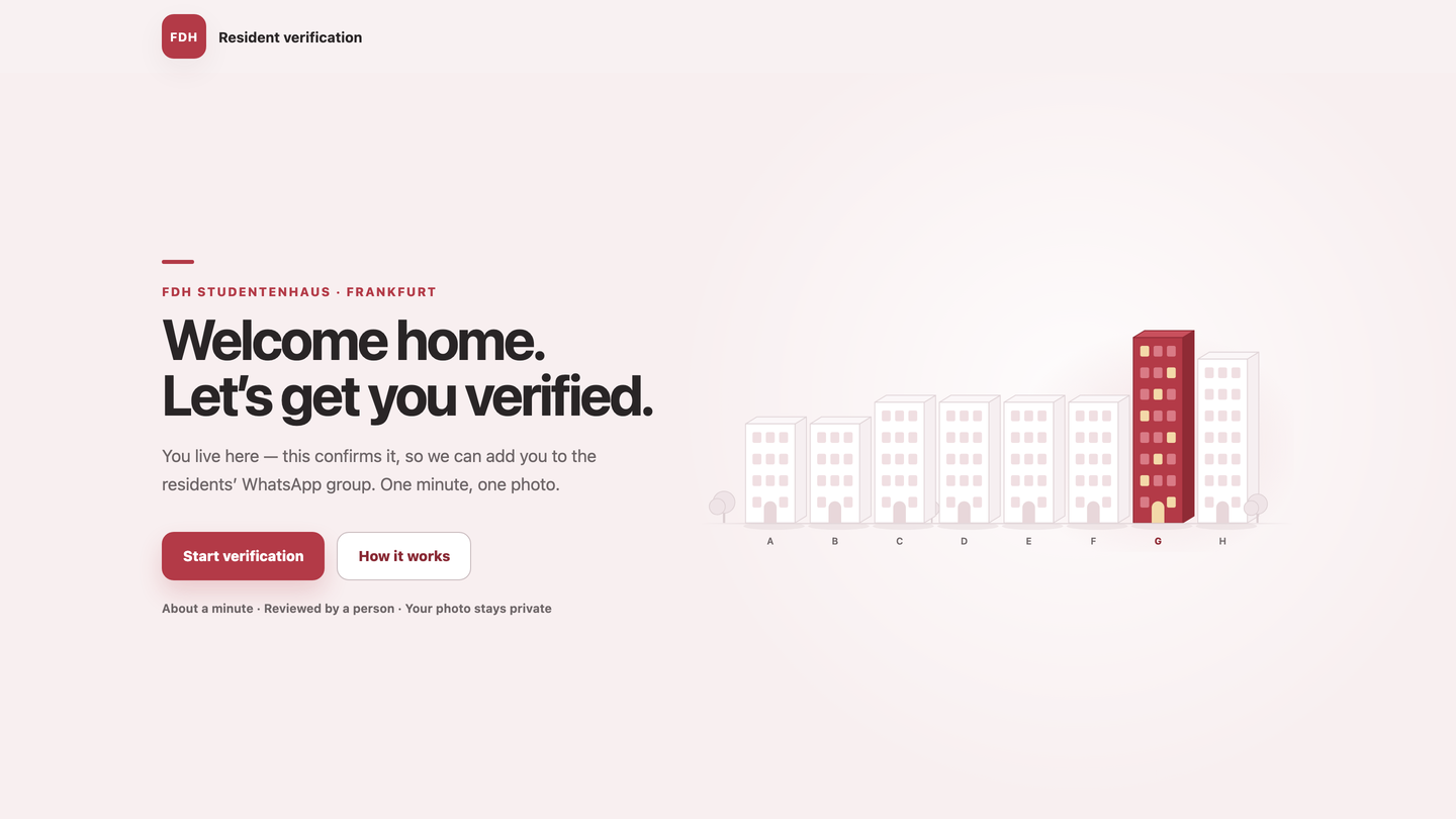 FDH Guard public homepage with the headline Welcome home. Let's get you verified. and a schematic of the residence campus