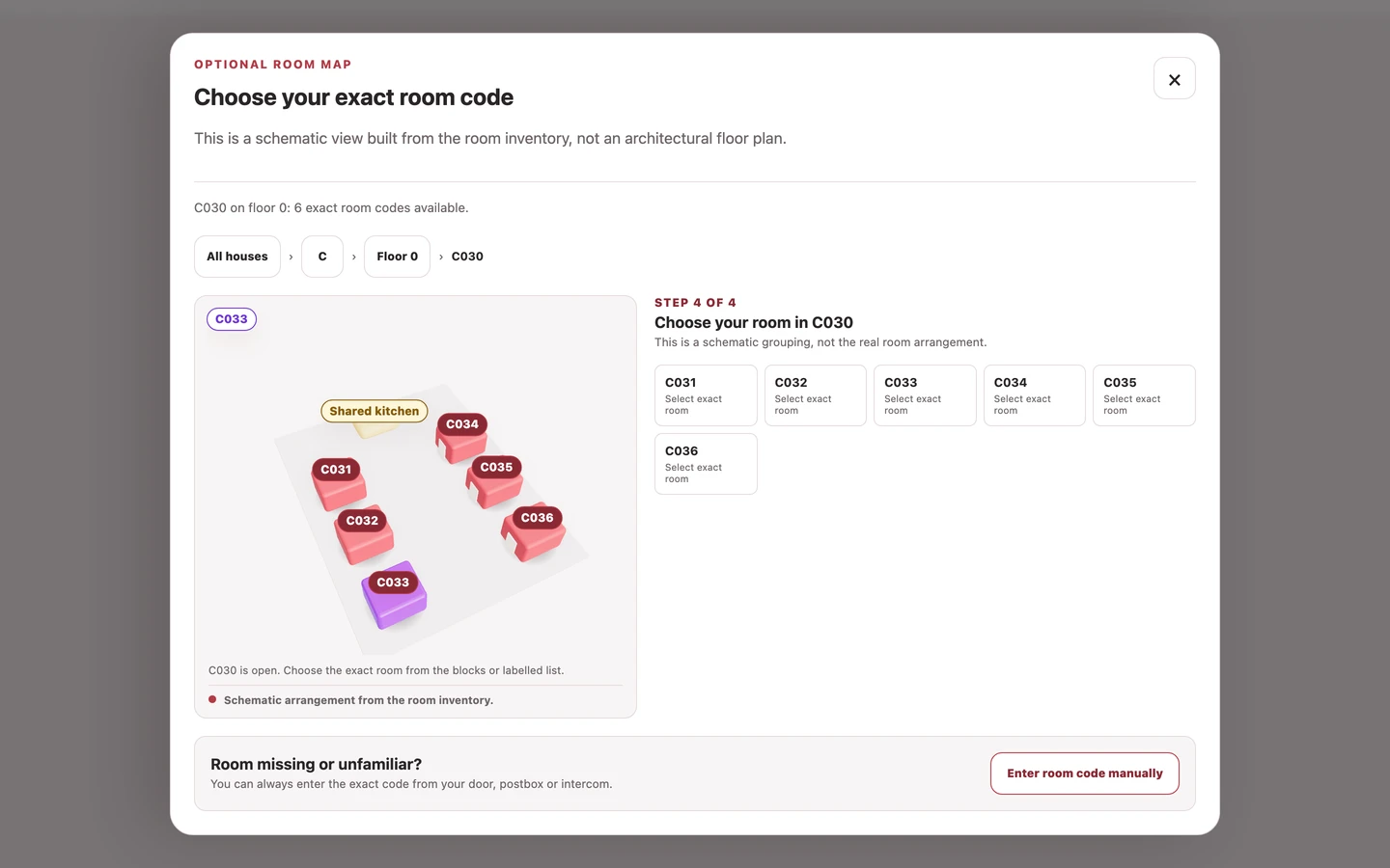 3D room picker zoomed into the WG level showing individual room blocks for C033