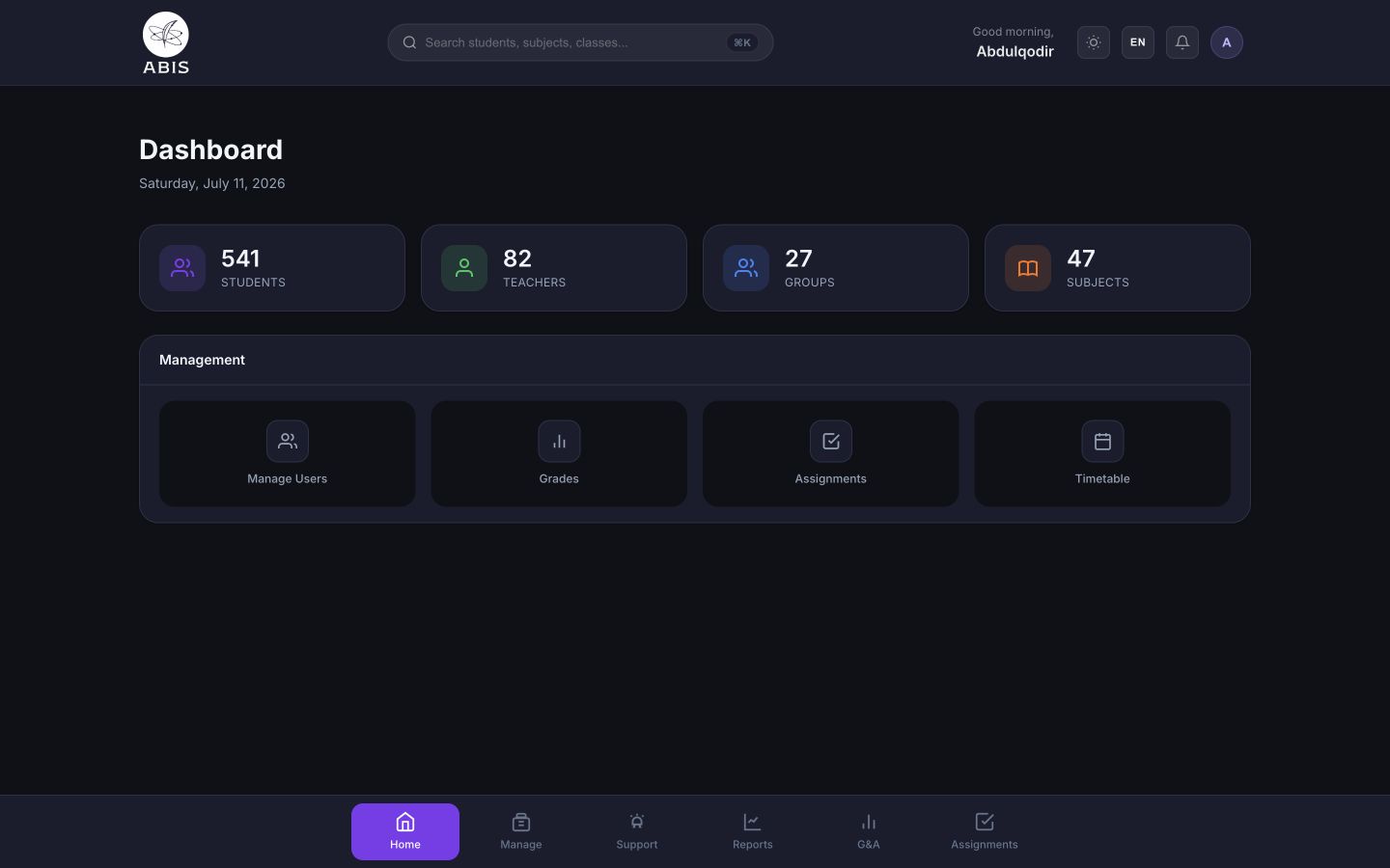 ABIS MIS administrator dashboard with aggregate school records and management actions