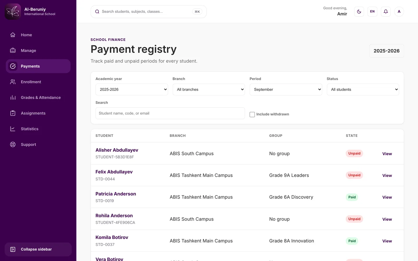 The payment registry listing students with their branch, group and payment state