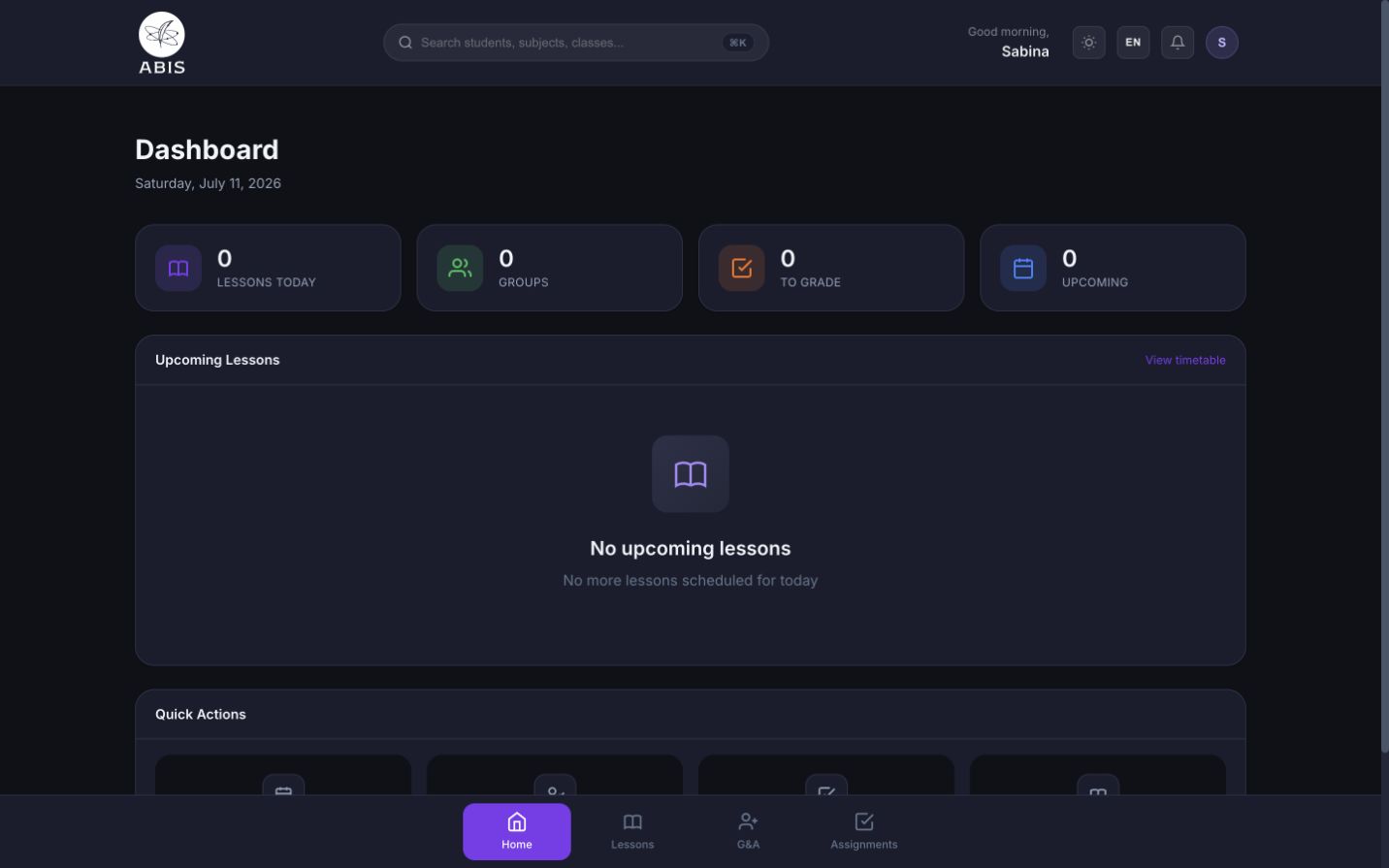 ABIS MIS teacher dashboard with lessons, groups, grading, assignments, and attendance actions