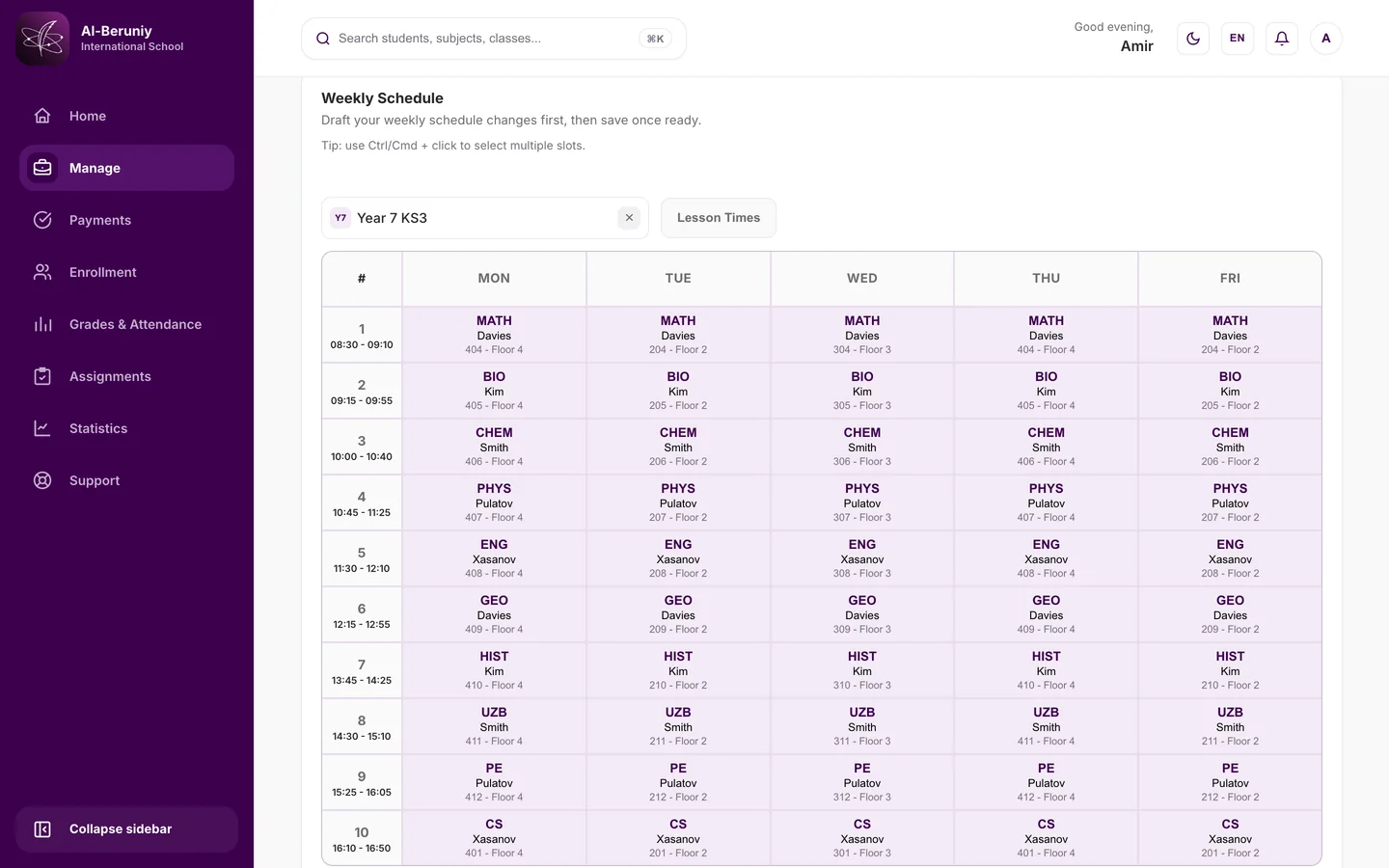 The weekly schedule builder for a class with a subject, teacher and room in every period slot