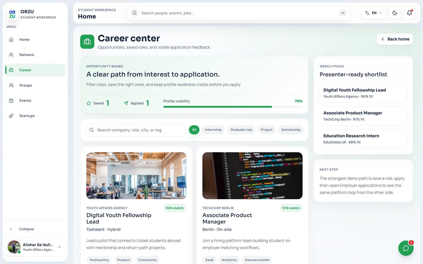 The Orzu opportunity board showing roles with match scores and filters