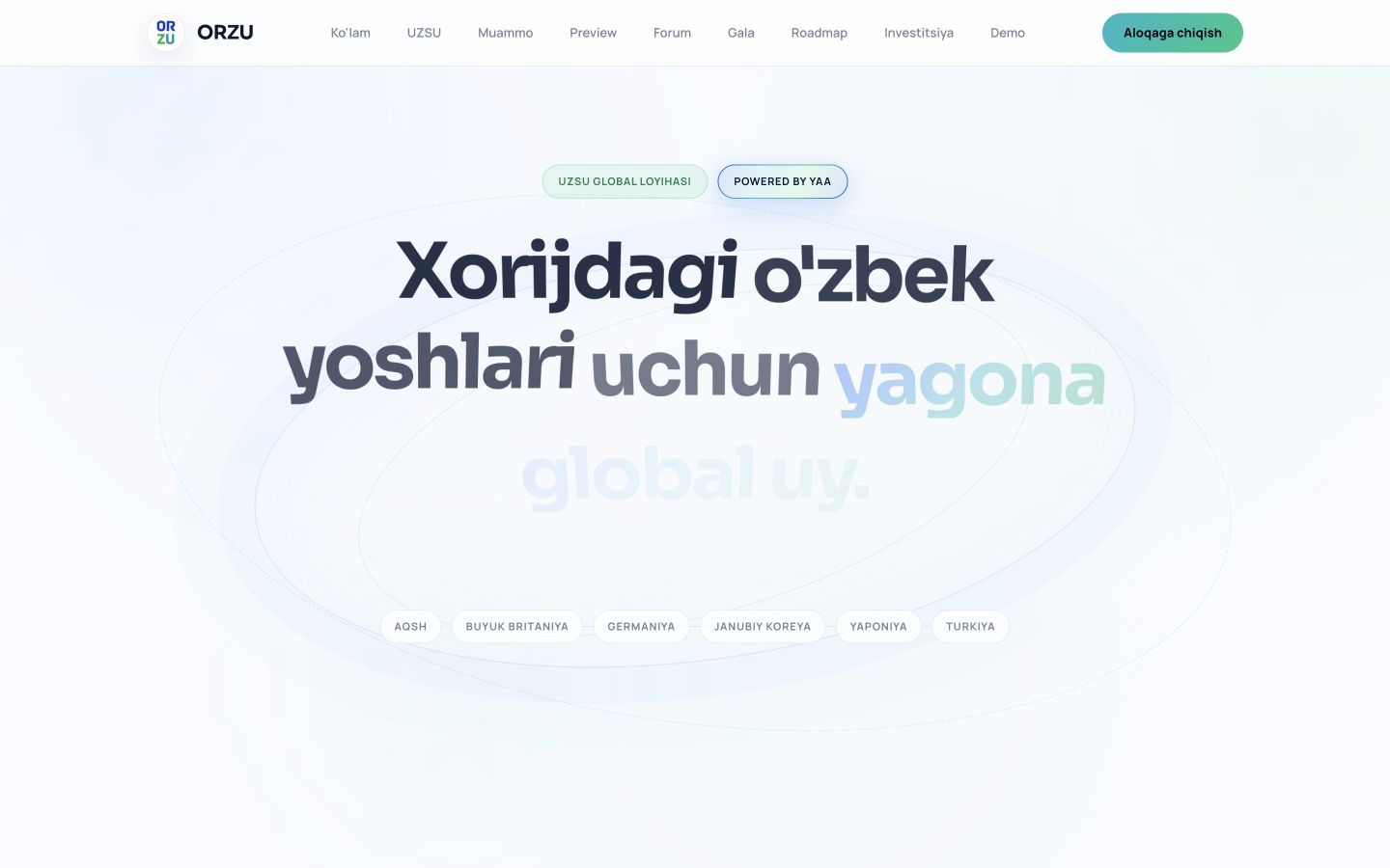 Orzu public pitch site introducing a global Uzbek student platform