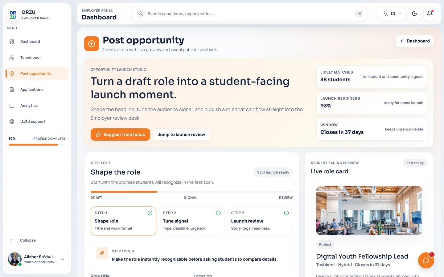 The multi-step opportunity posting form beside a live preview of the role card