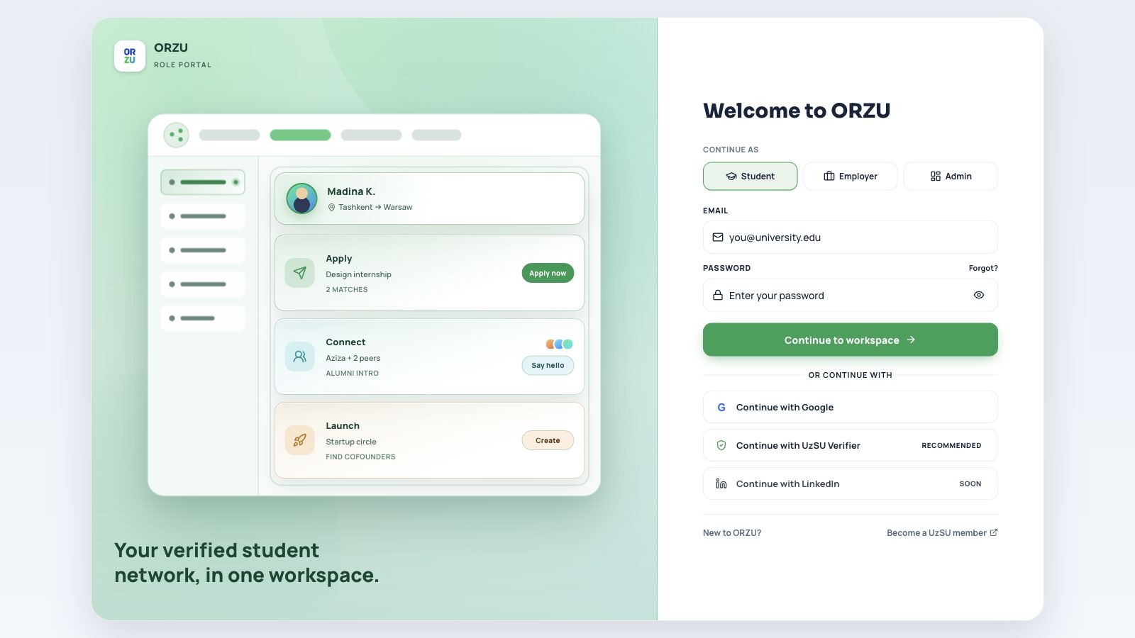 Light-mode Orzu role portal for selecting student, employer, or administrator access