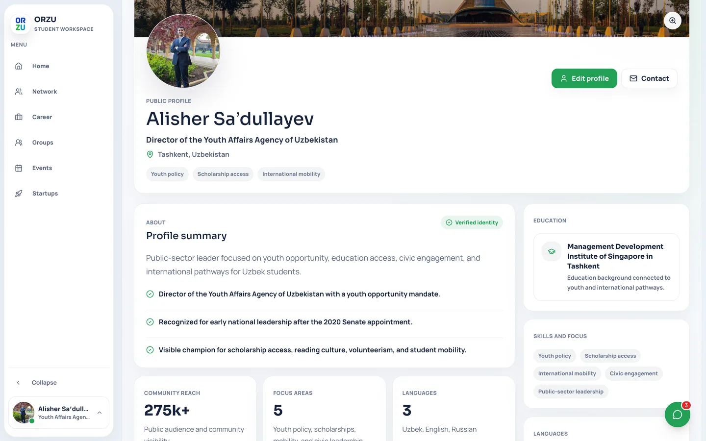 A public student profile with a summary, education, skills and community statistics