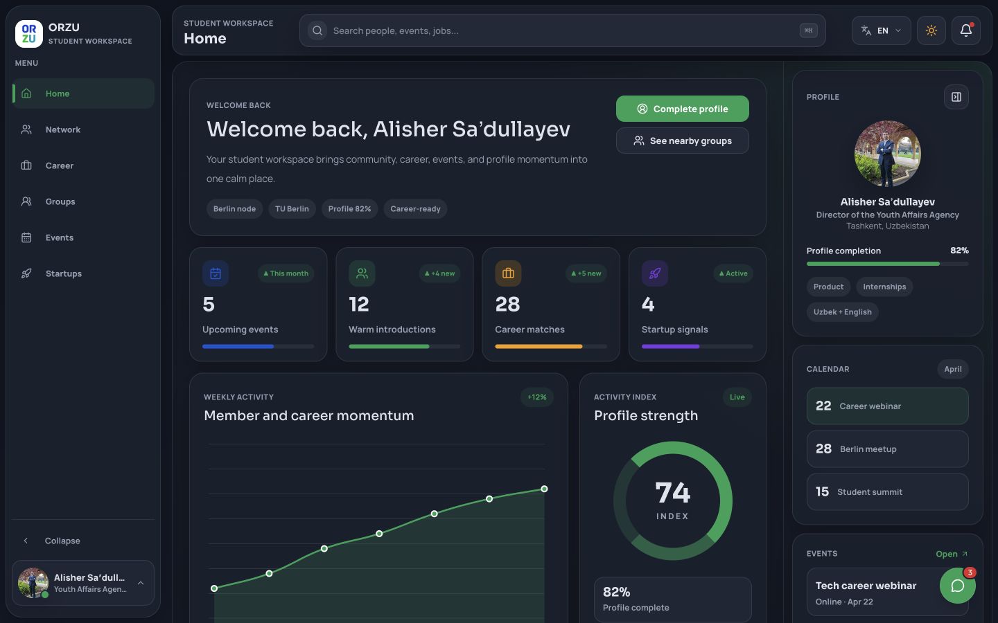 Orzu student workspace with career, community, events, and profile signals
