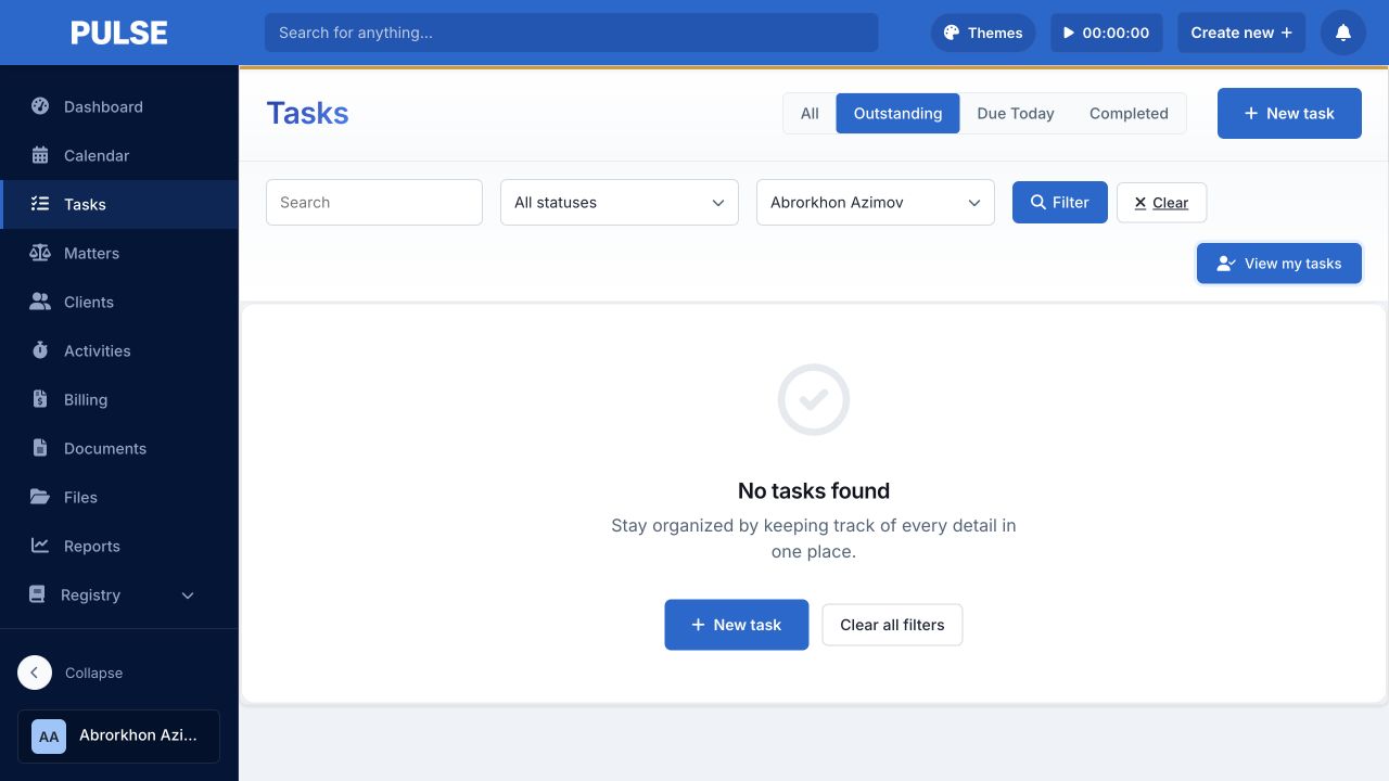 Pulse CRM task workspace with filters and an empty assigned-task state