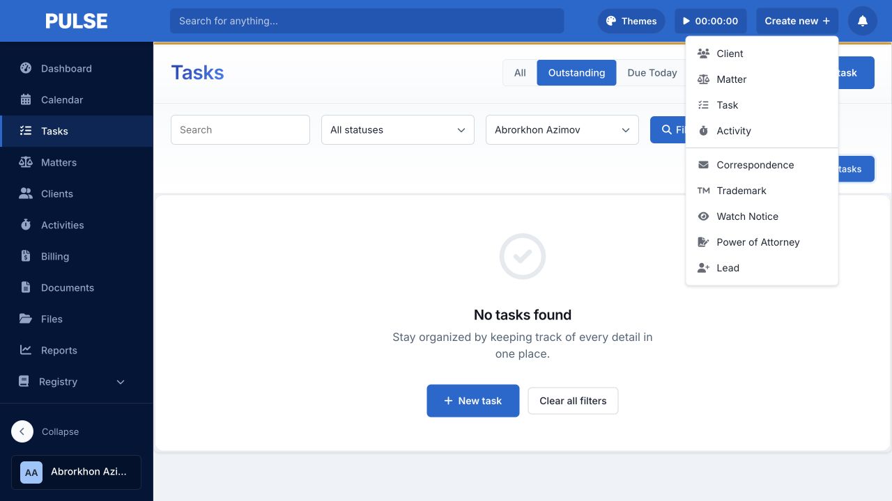 Pulse CRM creation menu listing core legal workflow record types