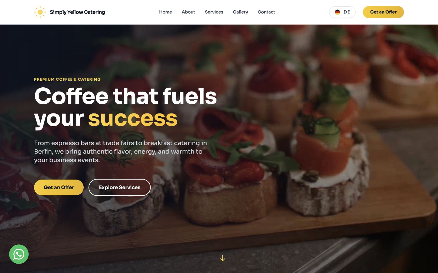 Simply Yellow Catering homepage with coffee and catering positioning