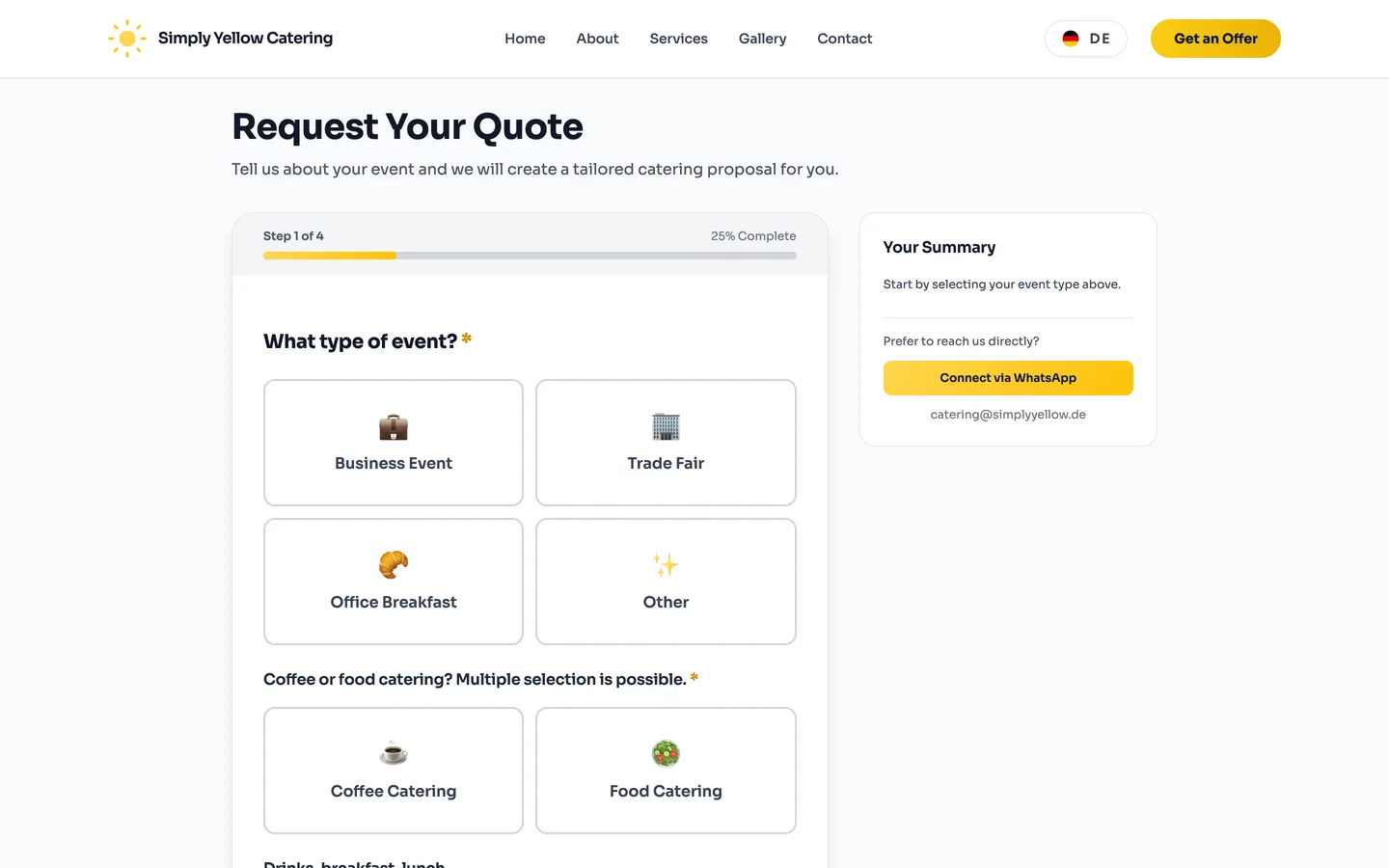The Simply Yellow quote request form at its first step