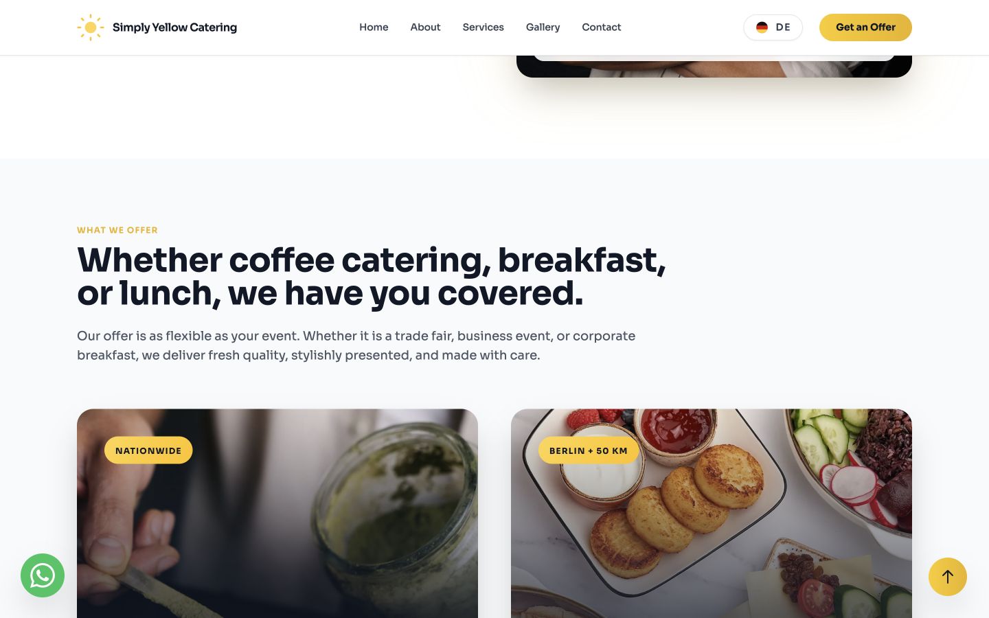 Simply Yellow Catering service section for coffee, breakfast, and lunch