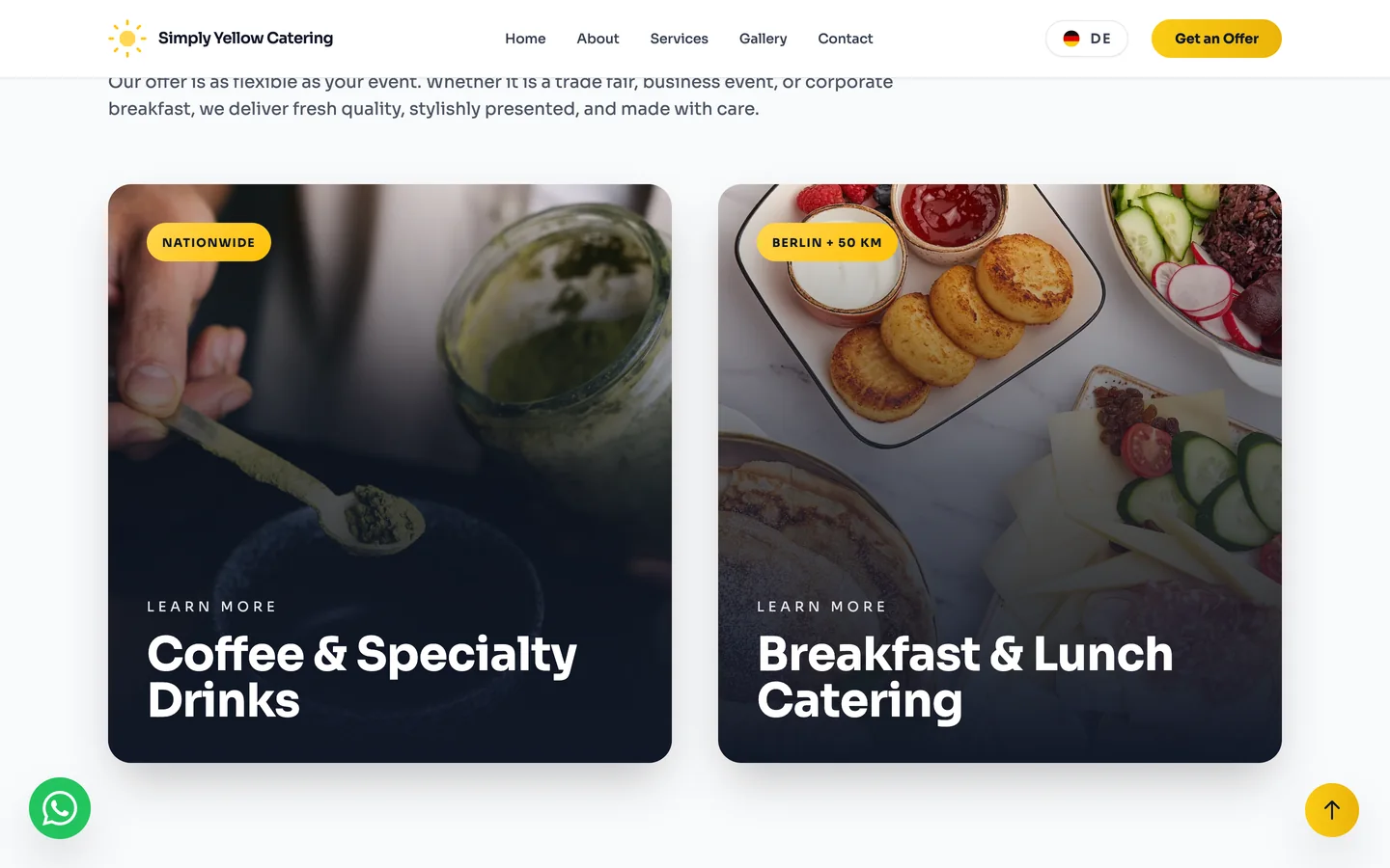 The Simply Yellow services section showing catering categories