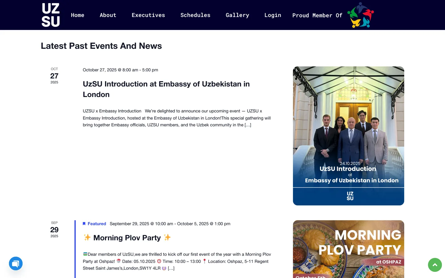 The UzSU events and news list with dated entries