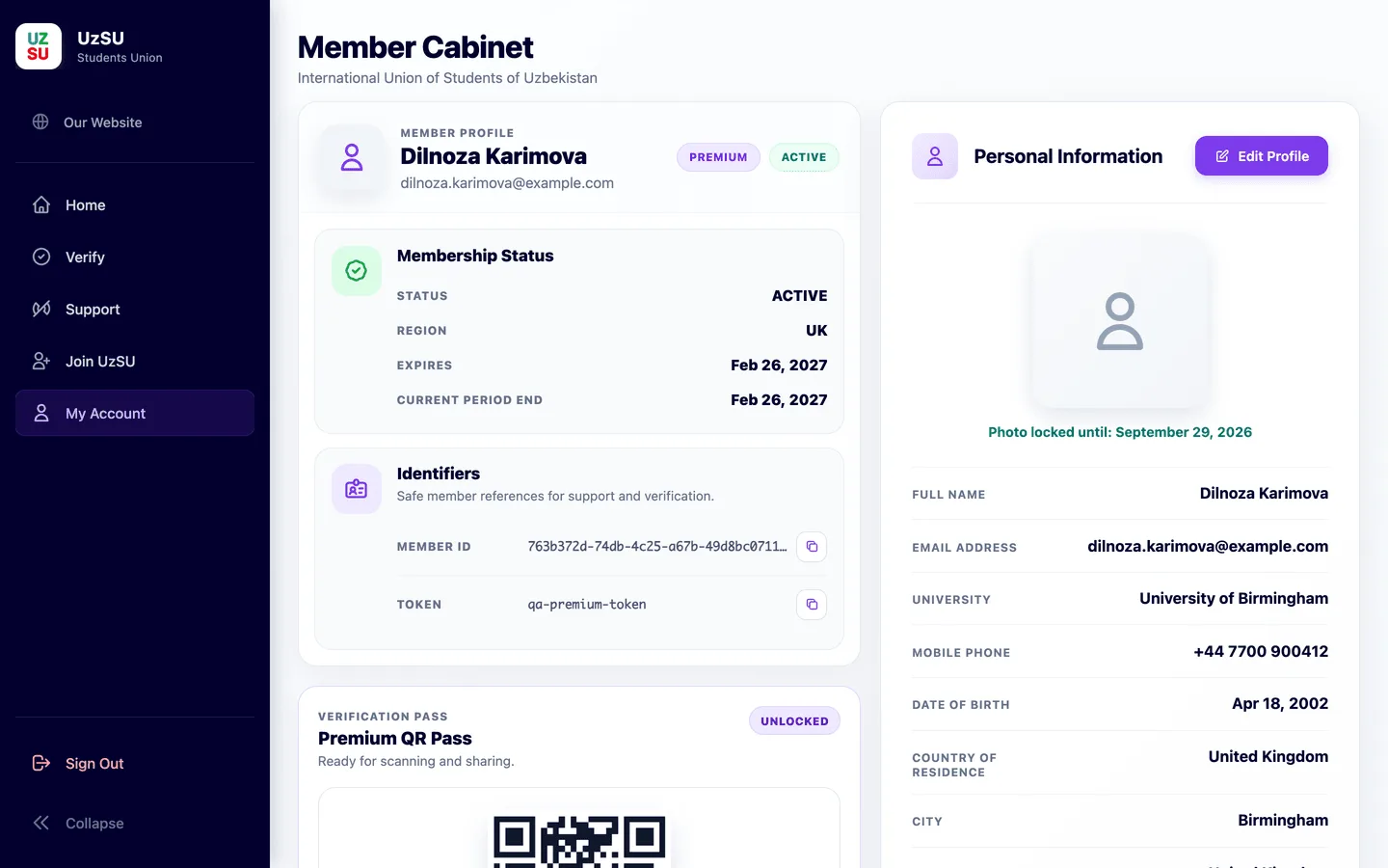 A member's cabinet showing membership status, identifiers and personal information
