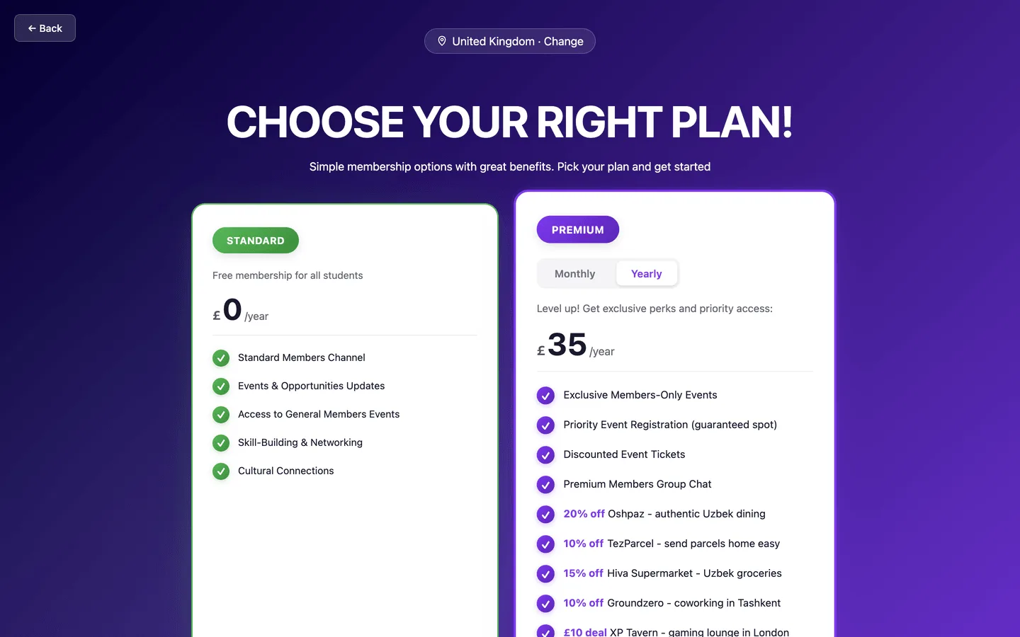 The plan chooser showing a free standard tier and a paid premium tier