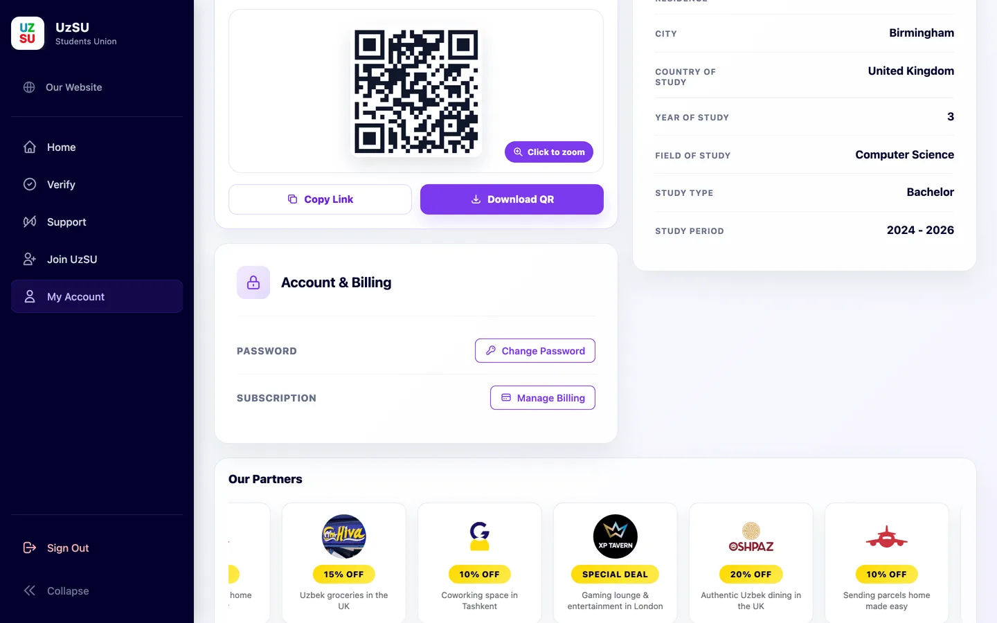 A member's QR pass beside account and billing controls and a row of partner offers