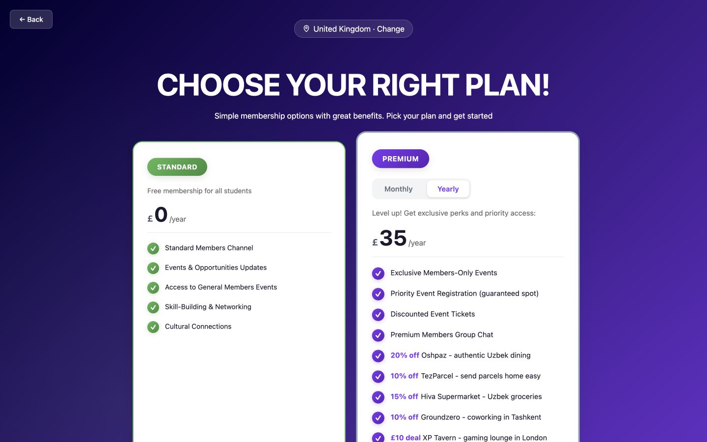 UzSU standard and premium membership plan selection