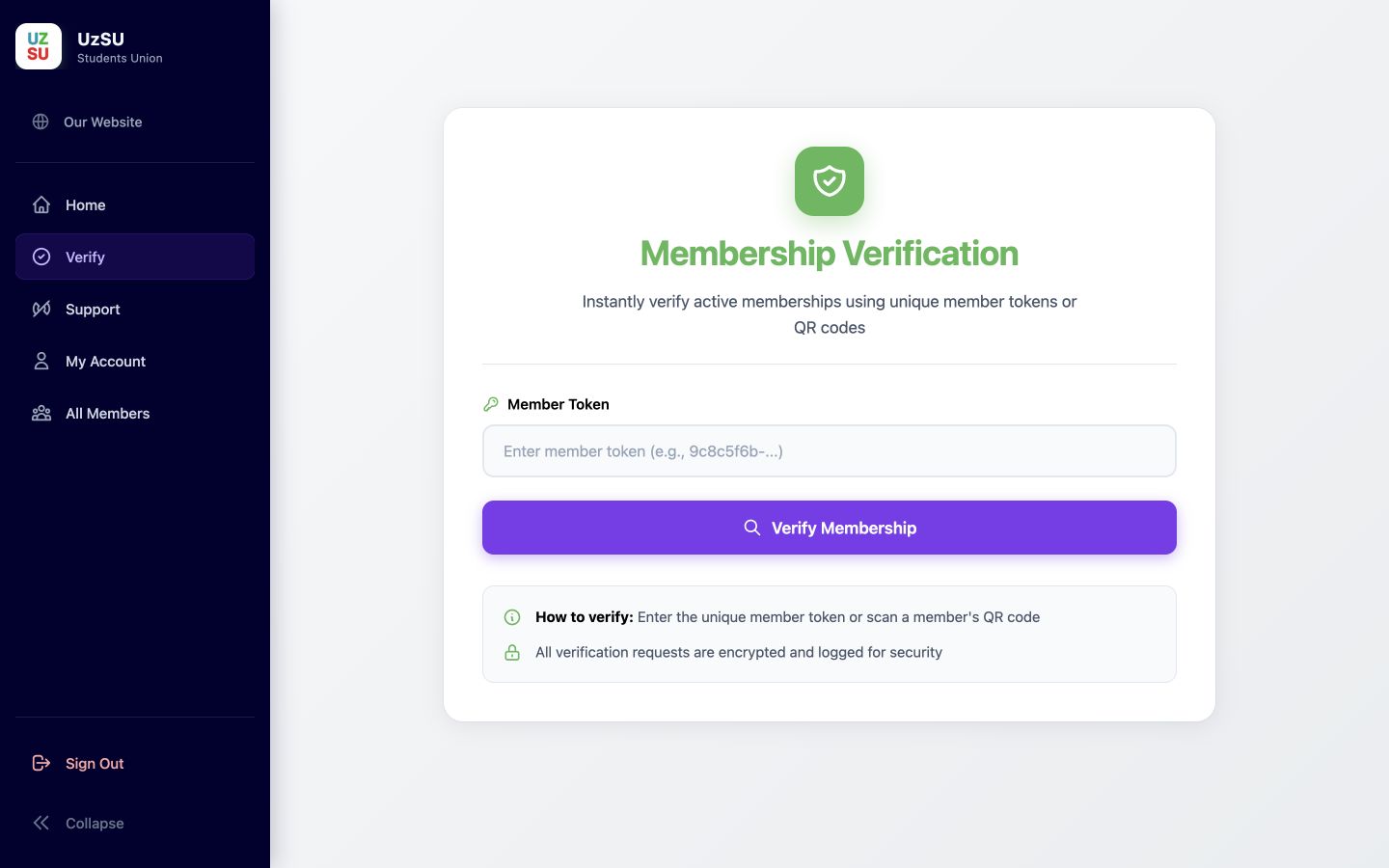 Public UzSU membership verification form for a token or QR code