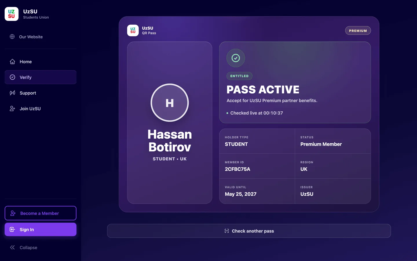 A checked pass showing an active status, member type, region and expiry